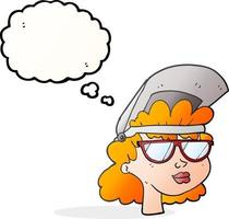 Freihändig gezeichnete Gedankenblase Cartoon-Frau mit Schweißmaske und Brille vektor