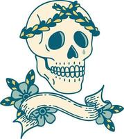 traditionelles Tattoo mit Banner eines Totenkopfes mit Lorbeerkranzkrone vektor