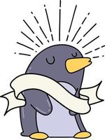 Scroll-Banner mit glücklichem Pinguin im Tattoo-Stil vektor