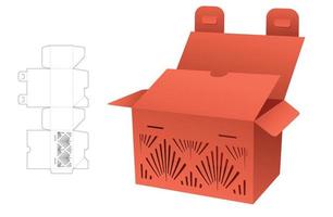 Verpackungsbox mit 2 Klapp- und Verriegelungspunkten mit gestanzter Schablone mit Streifenmuster und 3D-Modell vektor