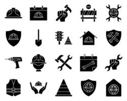 Icon-Set im Zusammenhang mit Arbeit. enthält Straßensperren-Symbol, Arbeitssicherheit, Schub, Schraubenschlüssel, Bohrmaschine, Vorarbeiterhut usw. Glyphen-Symbolstil, solide. einfaches Design editierbar vektor