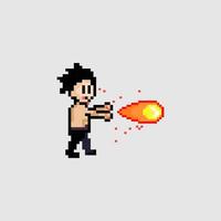 pixel konst stil, gammal Videospel stil, retro stil 18 bit kung Fu pojke göra eldkula vektor