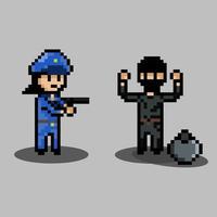 pixel konst stil, gammal Videospel stil, retro stil 18 bit polis och poliskvinna jagar rånare vektor