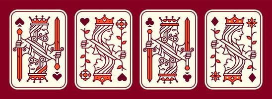 uppsättning av kung och drottning spelar kort vektor illustration uppsättning av hjärtan, spade, diamant och klubb, kunglig kort design samling