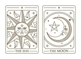 tarot deck kartenset illustration. die sonne, der mond und der goldene tarotkartenvektor des sternes. vintage mystische sonne, mond und stern tarotkarte im ornamentalen linienkunststil vektor