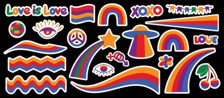 uppsättning hipster retro cool rainbow psykedeliska element. en samling groovy cliparts skimrande från 70-talet. abstrakt design av tecknade klistermärken. trend vektor illustration