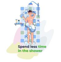 Mann duscht. Tipp, wie Sie die Stromrechnungen zu Hause senken können. Sanduhr im Regal. Wasser sparen. Energie sparen. vektor