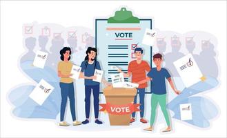 Menschen, die bei den Wahlen wählen. Gruppe von Wählern mit Stimmzetteln, die eine Wahl treffen. wähler flache vektorillustration. Referendum. vektor