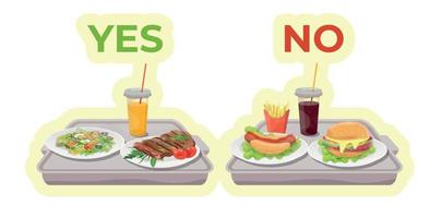 gesundes essen und junk food auf den tabletts. Wählen Sie zwischen gesundem Essen und Junk Food. Salat, Steaksaft, Hamburger, Pommes Frites und Cola. vektor