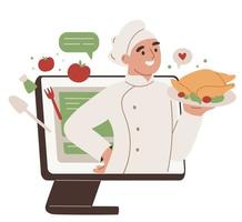 Lieferservice für Lebensmittel. Essen im Restaurant bestellen. online service.chief auf dem computerbildschirm mit einem gebackenen huhn. vektor