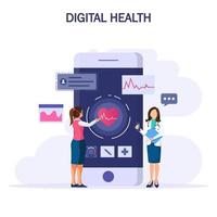 digitales Gesundheitskonzept. Der Arzt sieht sich das elektronische Diagramm des Patienten auf den elektronischen Geräten an. Gesundheitskonzept. vektor