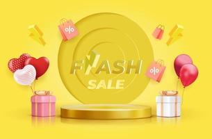 Flash Sale Square Banner mit 3D-Podium und Bolzensymbolen, Hintergrundvorlage für Verkauf und Rabatt vektor