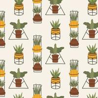 trendiga skandinaviska boho sömlösa mönster med krukväxter för hemmet. mysig hemträdgårdsbakgrund inredd i hyggestil för textilier, vykort, affischer, inbjudningar, design. vektor