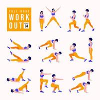 Workout-Mädchen-Set. frau, die fitness- und yogaübungen macht. Ausfallschritte und Kniebeugen, Plank und abc. Ganzkörpertraining. vektor