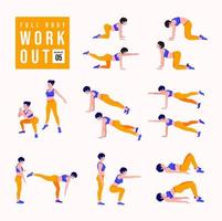 Workout-Mädchen-Set. frau, die fitness- und yogaübungen macht. Ausfallschritte und Kniebeugen, Plank und abc. Ganzkörpertraining. vektor