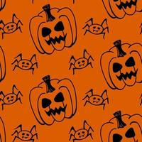 halloween vektor pumpa, Spindel sömlös mönster isolerat på orange bakgrund. söt illustration för säsong- design, textil, dekoration barn lekrum eller hälsning kort. hand dragen grafik och klotter