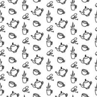 vektor hand gezeichnetes nahtloses muster mit verschiedenen küchenikonen lokalisiert auf weiß. Doodle-Tasse, Becher, Teekanne, Teebeutel, Kaffeekanne im Linienkunststil für ein Café-Dekor. Malvorlagen für Erwachsene und Kinder