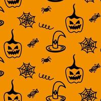 Vektor Halloween Musterdesign aus Kürbis, Hexenhut, Spinne, Süßigkeiten, Locken. lustige und niedliche illustration für saisonales design, textil, dekoration kinderspielzimmer oder grußkarte. handgezeichnete Drucke.