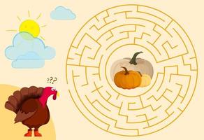 Kinderspiele. Rundes Labyrinth, Labyrinth. hungriger Truthahn. Helfen Sie dem Truthahn, seinen Weg durch das Labyrinth zu Kürbissen zu finden, und essen Sie zu Mittag. Vektor