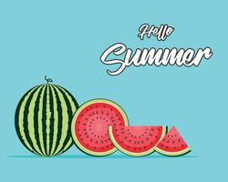 Hej sommar ord med frukt, vattenmelon. vektor illustration i platt stil