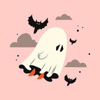 Halloween-Geist in den Wolken mit einer Fledermaus. kawaii phantom in weißer kleidung fliegt. kawaii monster mystisches zeichnungskonzept. flache vektorillustration lokalisiert mit kürbissen und feiertagselementen. vektor