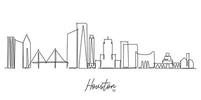 einzelne durchgehende strichzeichnung der skyline von houston usa. berühmte Wolkenkratzerlandschaft der Stadt. Weltreise-Postkarten-Wohnkultur-Wandkunst-Plakat-Druckkonzept. moderne einzeilige abgehobene betragsdesignillustration vektor