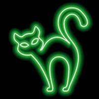 Neongrüner Umriss einer Katze auf schwarzem Hintergrund. Hexenkatze, Halloween vektor