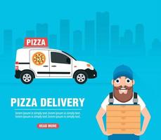 leverans begrepp design platt. pizza leverans med deliveryman vektor