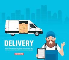 leverans begrepp design platt. leverans lastbil med deliveryman vektor