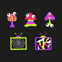 psychedelic trippy syra rave uppsättning. trendig abstrakt svamp och tv-apparater i tecknad serie stil. 60-tal, 70-talet, hippie element vektor