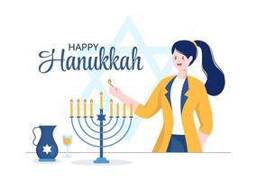 glückliche hanukkah jüdische feiertagsvorlage handgezeichnete flache illustration der karikatur mit menorah, sufganiyot, dreidel und traditionellen symbolen vektor