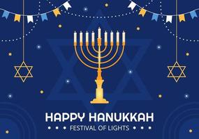 glückliche hanukkah jüdische feiertagsvorlage handgezeichnete flache illustration der karikatur mit menorah, sufganiyot, dreidel und traditionellen symbolen vektor