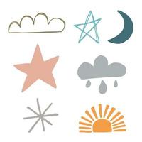uppsättning av dekorativ himmelsk element. vektor abstrakt illustration stjärna, moln, måne, Sol. för förpackning design, vykort, social media