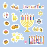 Lycklig hanukkah klistermärken vektor illustration isolerat på blå bakgrund