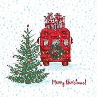 jul röd buss med gran träd dekorerad bollar och gåvor på tak. vit snöig sömlös bakgrund och text glad jul och Lycklig ny år. hälsning kort. illustrationer vektor