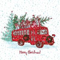 Weihnachtsroter Bus mit tannenbaumgeschmückten Bällen und Geschenken auf dem Dach. Weißer, schneebedeckter, nahtloser Hintergrund und Text Frohe Weihnachten und ein gutes neues Jahr. Grußkarte. Illustrationen vektor