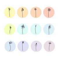 Story-Highlight-Set, lineare Doodle-Blumen auf zarten Farbflecken für soziale Medien vektor