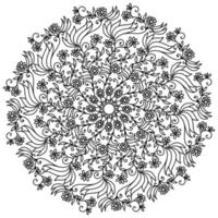 dekoratives Blumen-Doodle-Mandala aus kleinen blühenden Blütenblättern und Blättern mit Locken, Zen-Malseite aus Pflanzenmotiven vektor