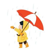 kleines Kind mit Regenschirm im Regenmantel vektor