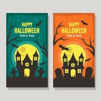 gruseliges haus im fröhlichen halloween-bannerdesign mit fledermäusen vektor