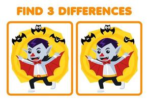 utbildning spel för barn hitta tre skillnader mellan två söt tecknad serie dracula kostym halloween tryckbar kalkylblad vektor
