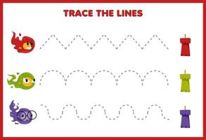 utbildning spel för barn handstil öva spår de rader med söt tecknad serie brand och ljus bild halloween tryckbar kalkylblad vektor