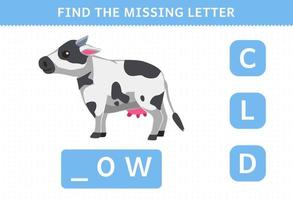 Bildungsspiel für Kinder Finden Sie den fehlenden Buchstaben des druckbaren Farmarbeitsblatts der niedlichen Cartoon-Kuh vektor