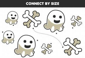 Lernspiel für Kinder Verbinden Sie sich durch die Größe des druckbaren Arbeitsblatts für Halloween mit niedlichem Cartoon-Geist und Knochen vektor