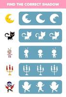 Bildungsspiel für Kinder Finden Sie die richtige Schattensilhouette des niedlichen Cartoon-Mondkatzen-Voodoopuppen-Kerze-Dracula-Halloween-Druck-Arbeitsblatts vektor