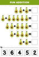 utbildning spel för barn roligt tillägg förbi skära och match korrekt siffra för tecknad serie avokado frukt tryckbar kalkylblad vektor