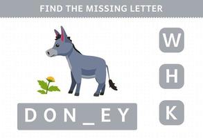 Bildungsspiel für Kinder Finden Sie den fehlenden Buchstaben des niedlichen Cartoon-Esel-Arbeitsblatts zum Ausdrucken auf dem Bauernhof vektor