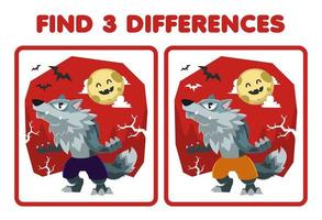 Lernspiel für Kinder Finden Sie drei Unterschiede zwischen zwei niedlichen Cartoon-Werwolf-Kostüm-Halloween-Arbeitsblättern zum Ausdrucken vektor