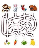 Labyrinth-Puzzle-Spiel für Kinder Paar niedlichen Cartoon-Affe Kaninchen Papagei Yak mit dem richtigen Lebensmittel-Arbeitsblatt zum Ausdrucken vektor