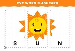 Bildungsspiel für Kinder, die Konsonanten-Vokal-Konsonanten-Wörter mit niedlicher Cartoon-Sonnenillustration zum Ausdrucken lernen vektor